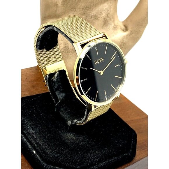 Hugo Boss Men's Watch 1513735 Horizon Quartz Black Dial Gold Steel Mesh … - Picture 2 of 13